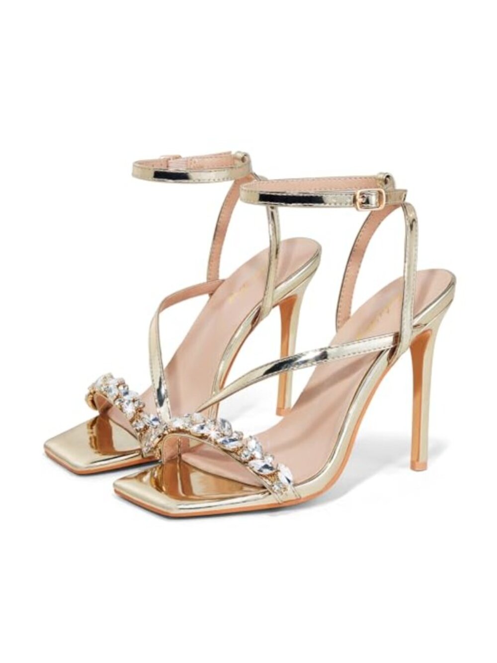 Women's Crystal Stiletto Heeled Sandals 4 Inch Square Open Toe Strappy Sexy
